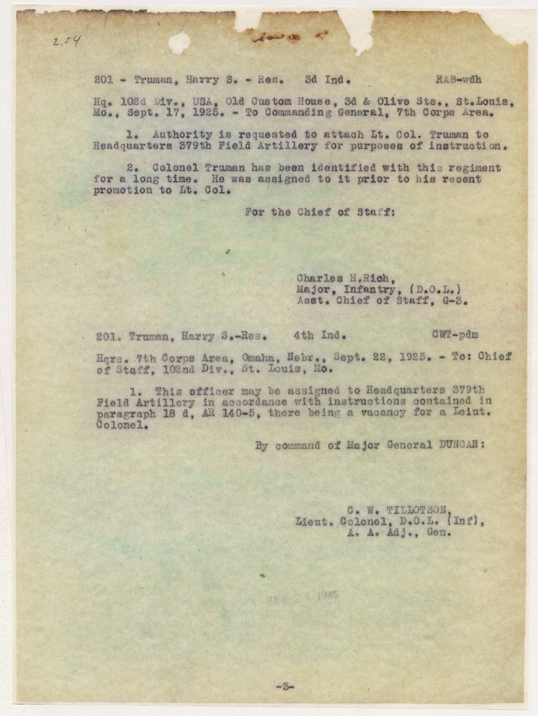 Memorandum from Major Charles H. Rich to Commanding General, Seventh Corps Area