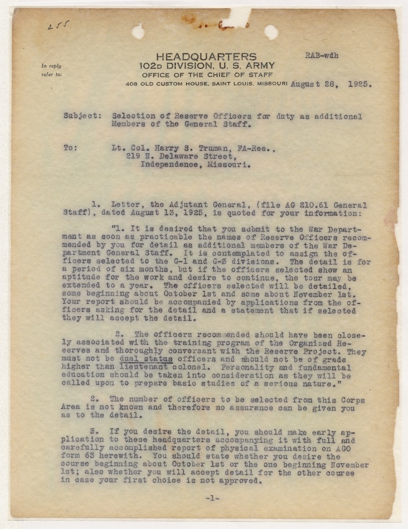 Letter from Captain R. A. Byers to Lieutenant Colonel Harry S. Truman