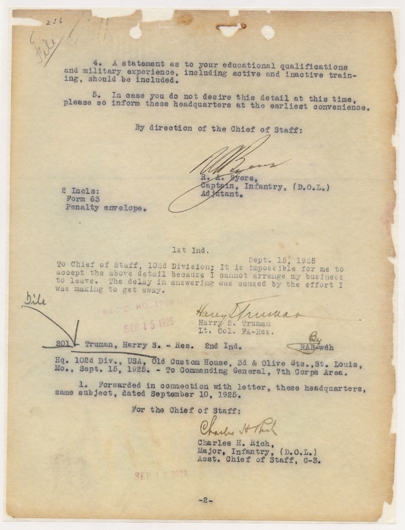 Letter from Captain R. A. Byers to Lieutenant Colonel Harry S. Truman