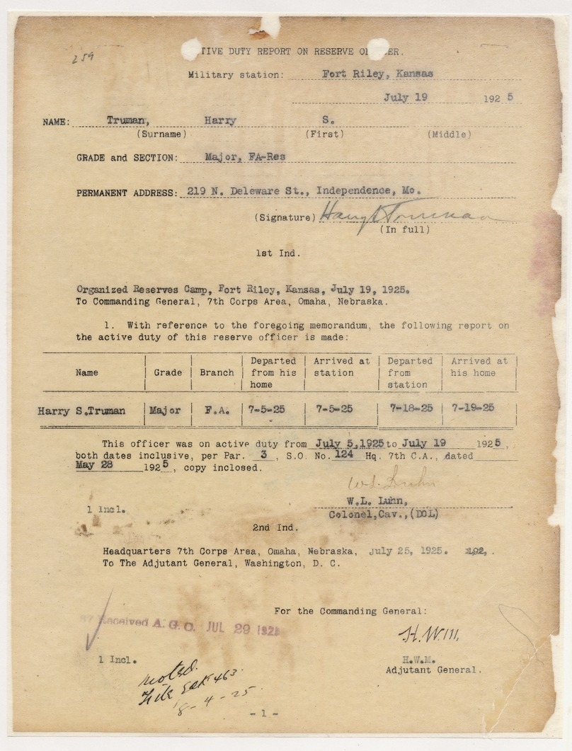 Active Duty Report on Reserve Officer for Major Harry S. Truman
