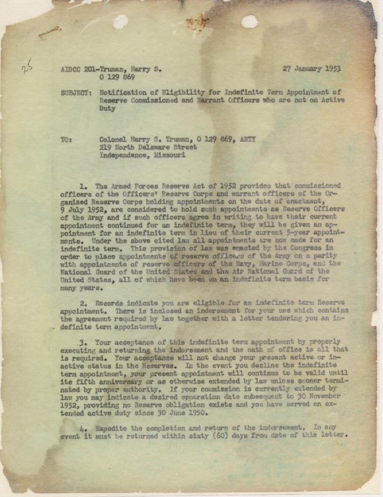 Memorandum from Colonel Marvin W. Marsh to Colonel Harry S. Truman