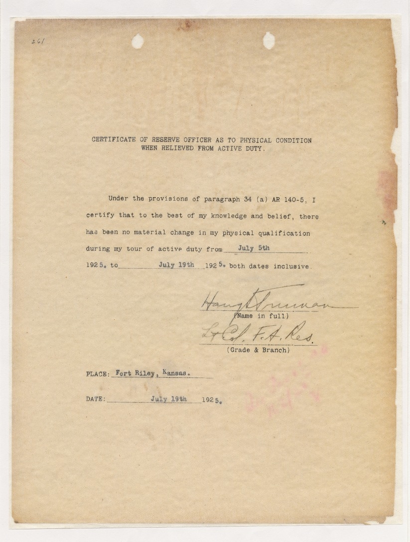 Certificate of Reserve Officer as to Physical Condition When Relieved from Active Duty for Lieutenant Colonel Harry S. Truman