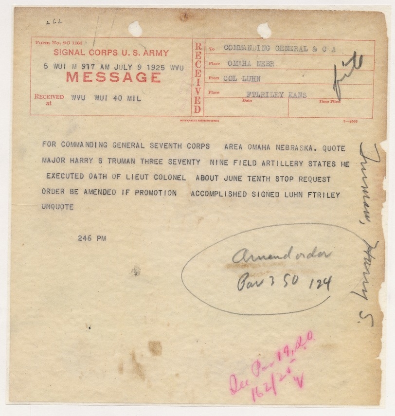 Signal Corps Message from Colonel Luhn to Commanding General, Seventh Corps Area