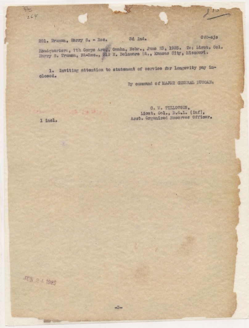 Memorandum from Lieutenant Colonel C. W. Tillotson to Lieutenant Colonel Harry S. Truman