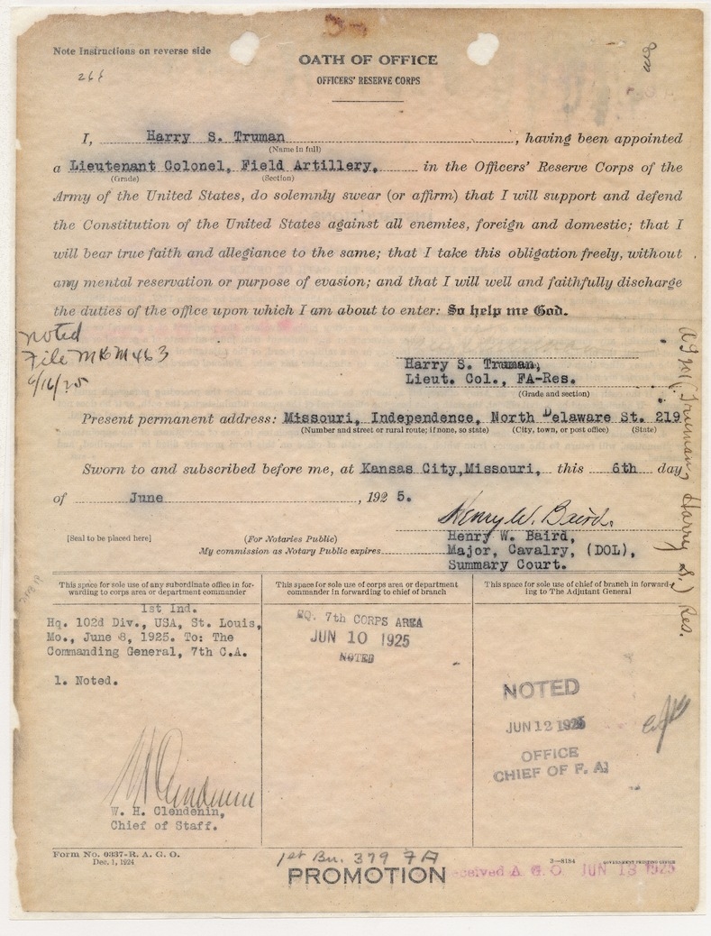 Oath of Office, Officers' Reserve Corps for Lieutenant Colonel Harry S. Truman
