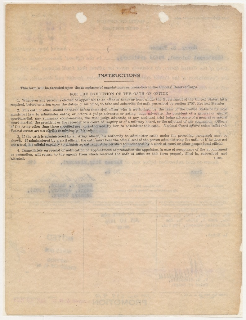 Oath of Office, Officers' Reserve Corps for Lieutenant Colonel Harry S. Truman