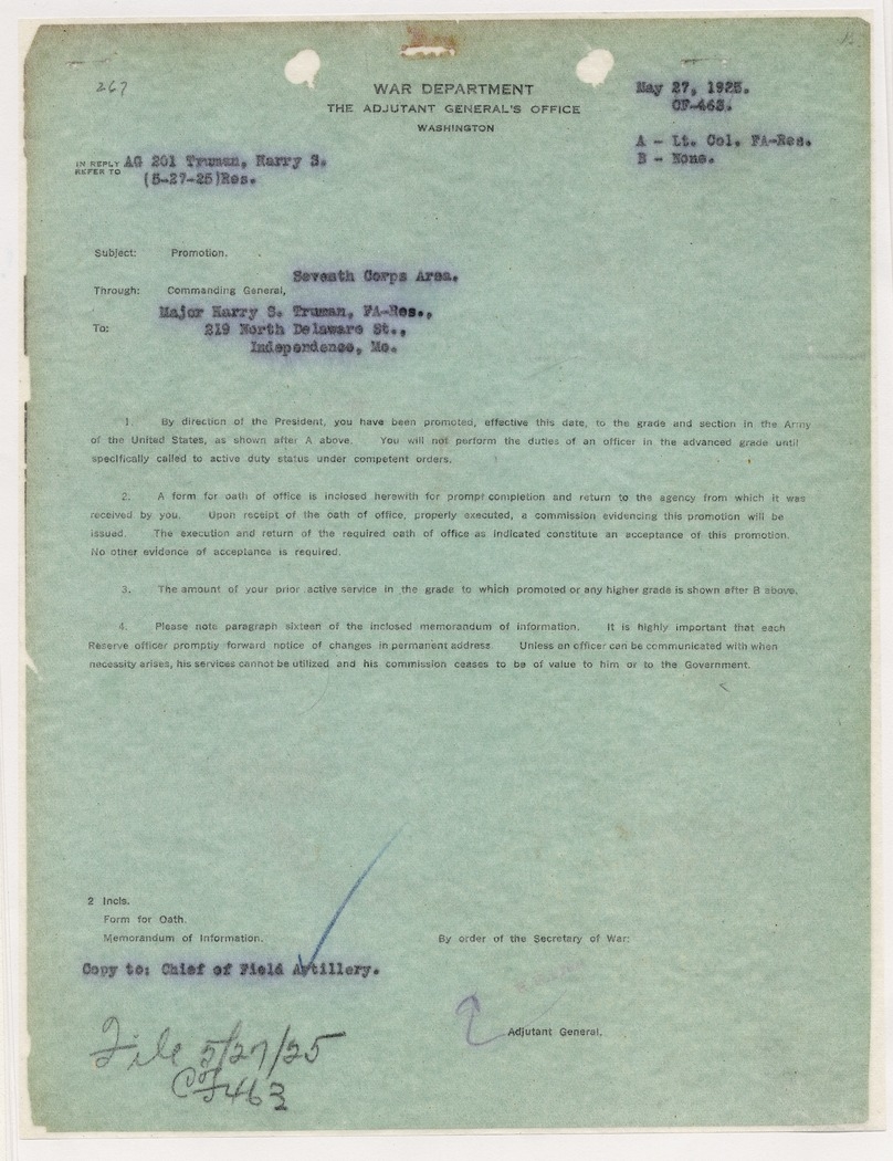 Memorandum from Commanding General, Seventh Corps Area, to Major Harry S. Truman
