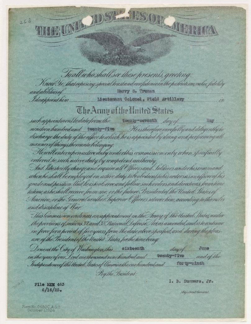 Certificate of Commission in the Army of the United States for Lieutenant Colonel Harry S. Truman