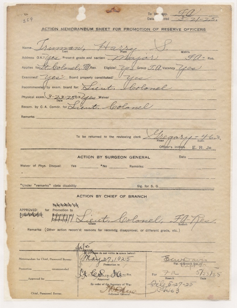 Action Memorandum Sheet for Promotion of Reserve Officers for Harry S. Truman
