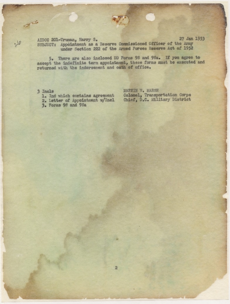 Memorandum (page 2) from Col. Marvin W. Marsh to Col. Harry S. Truman re: Notification of Eligibility for Indefinite Term Appointment of Reserve Commissioned and Warrant Officers Who Are Not on Active Duty