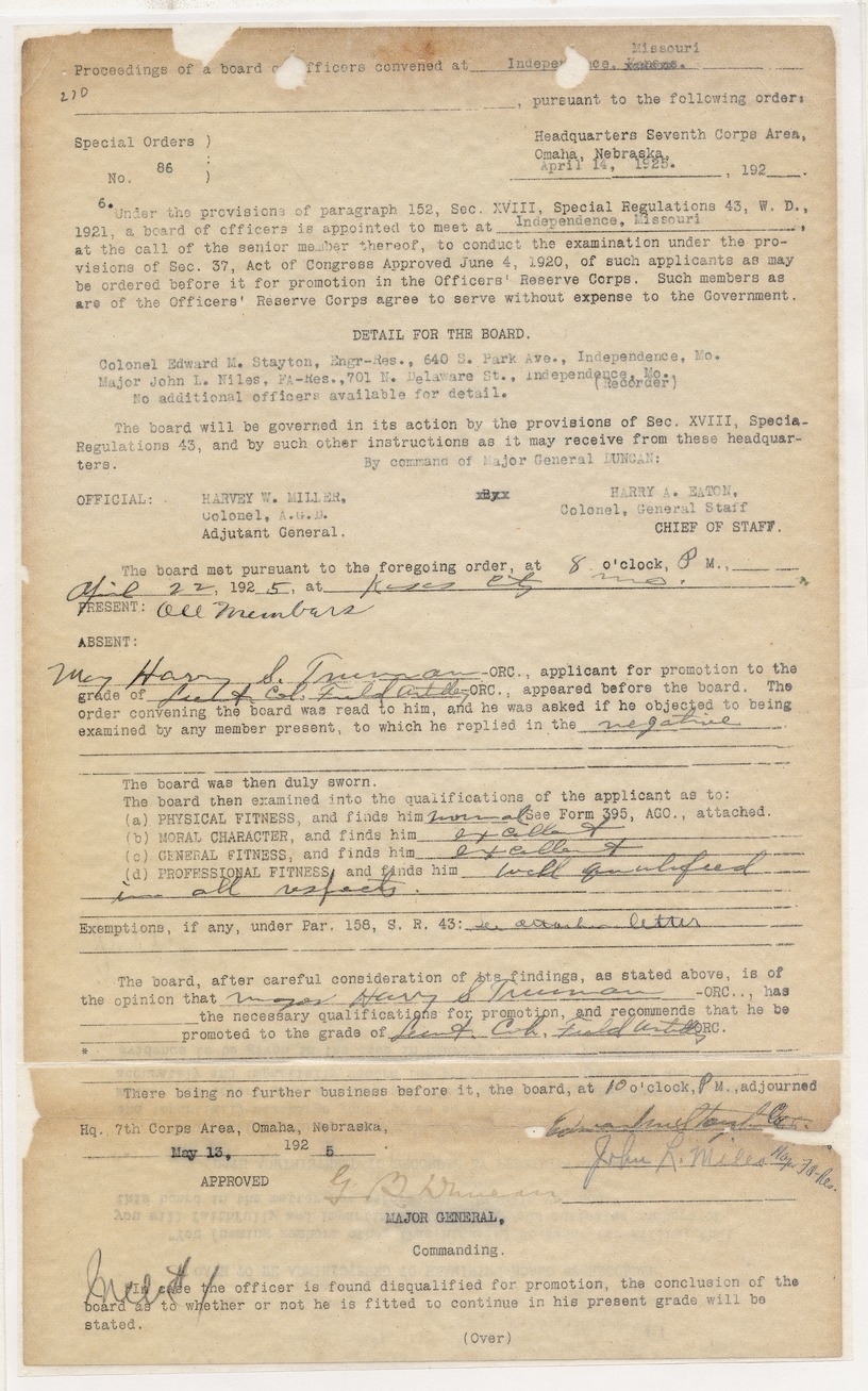 Special Orders No. 86, Proceedings of a Board of Officers for the Puspose of Examining the Application for Promotion of Major Harry S. Truman