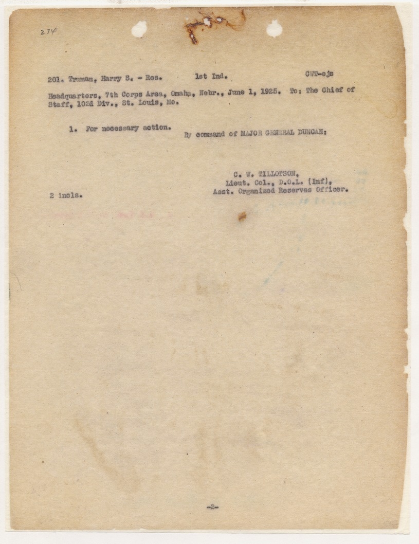 Memorandum from Lieutenant Colonel C. W. Tillotson to Chief of Staff, 102d Division