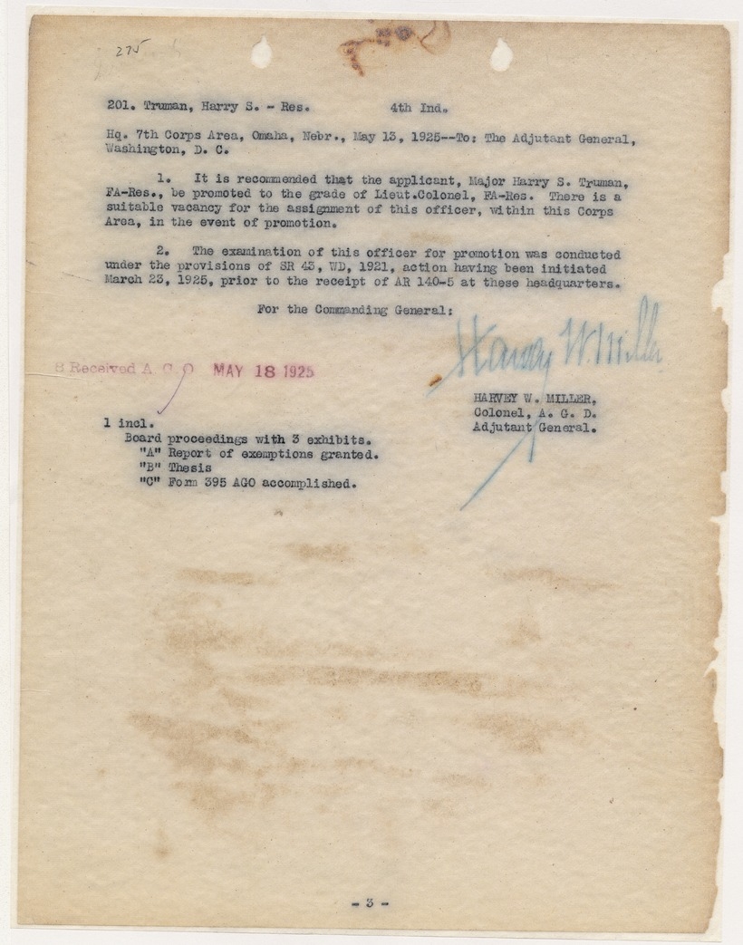 Memorandum from Colonel Harvey W. Miller to The Adjutant General, Washington, D. C.