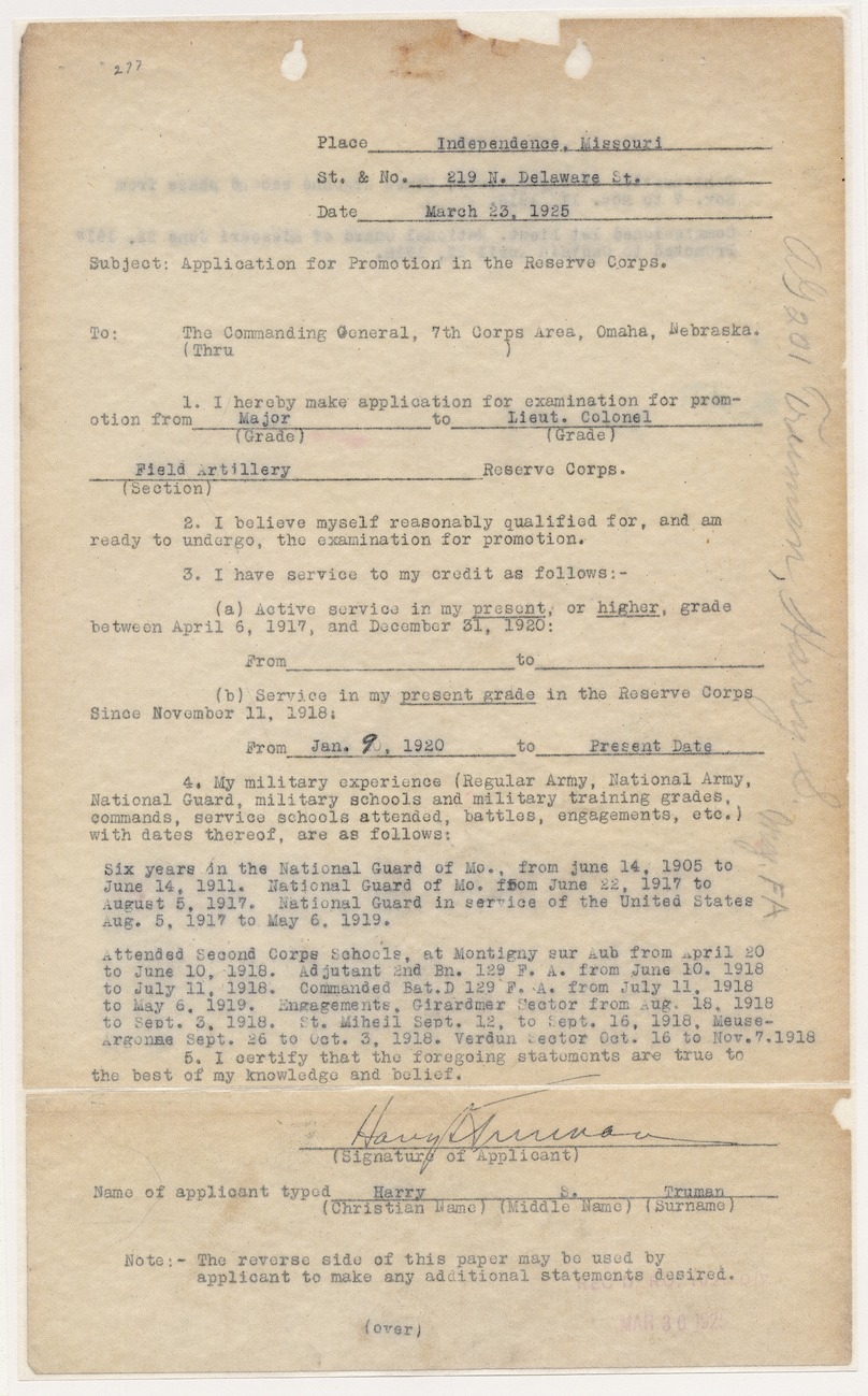 Application for Promotion in the Reserve Corps for Major Harry S. Truman