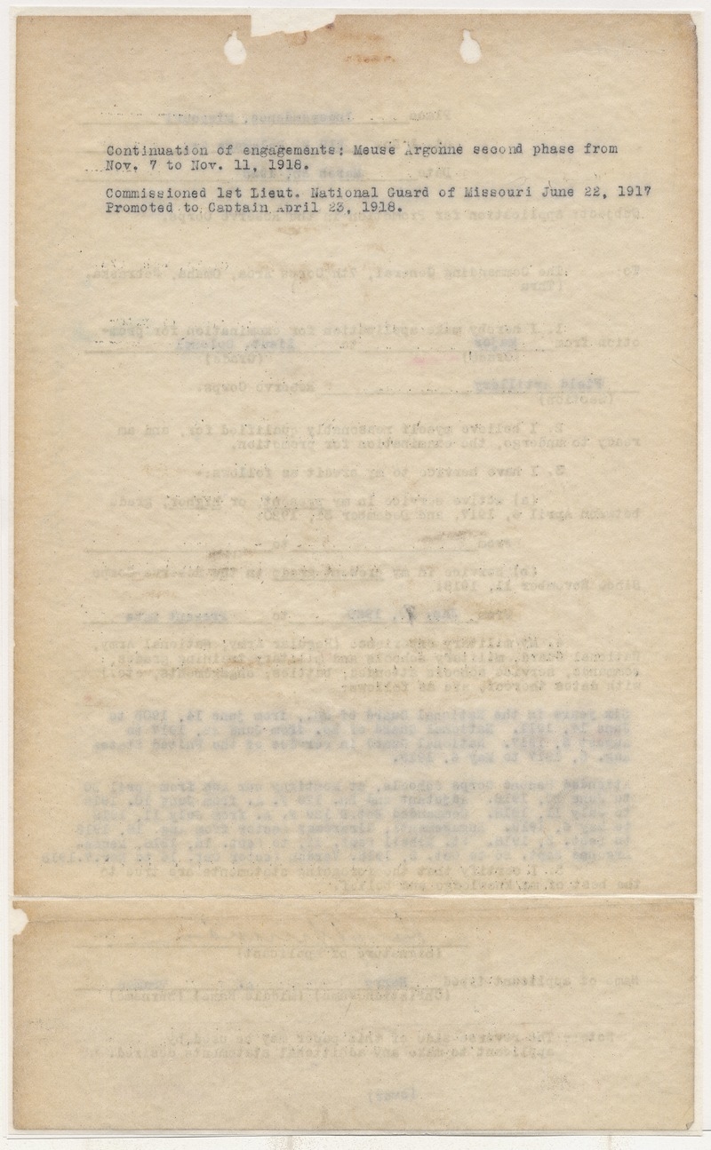 Application for Promotion in the Reserve Corps for Major Harry S. Truman