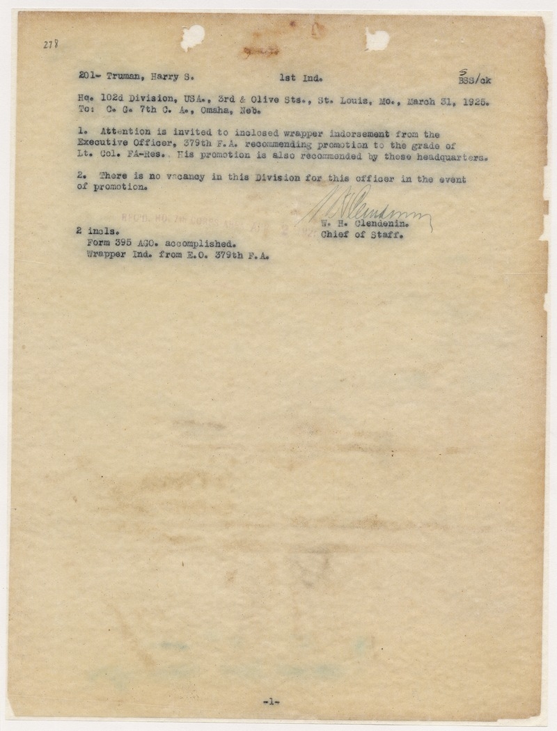 Memorandum from Chief of Staff, W. H. Clendenin to Commanding General, Sevemtj Corps Area