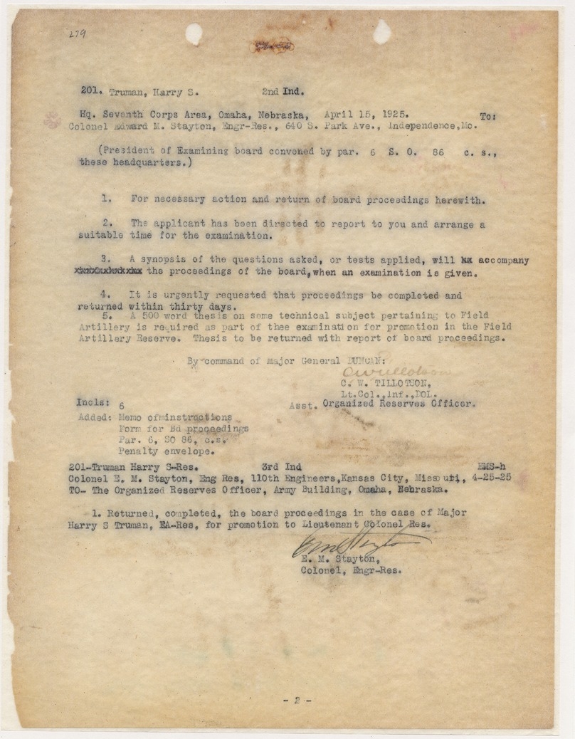 Memorandum from Lieutenant Colonel C. W. Tillotson to Colonel Edward M. Stayton