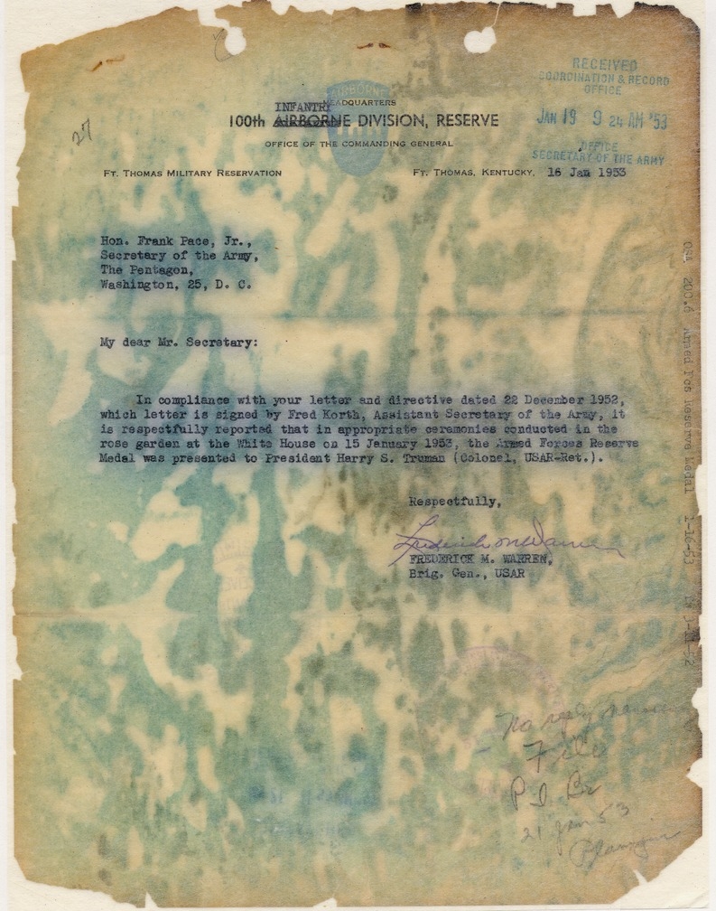 Memorandum from Brigadier General Frederick M. Warren to Secretary of the Army Frank Pace, Jr.