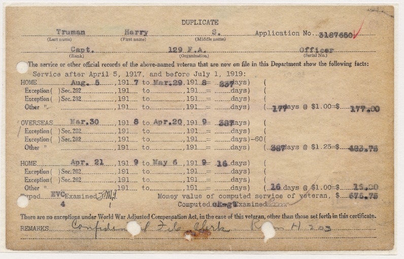 Application Card for Adjusted Service Credit for Captain Harry S. Truman