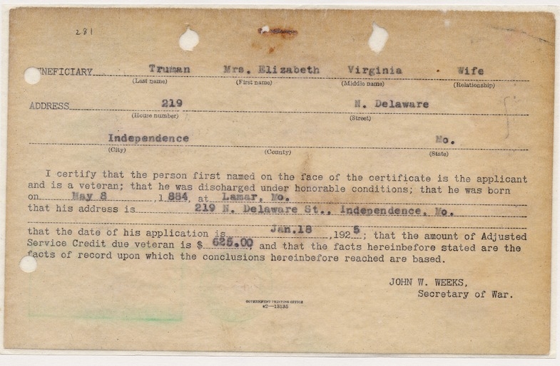 Application Card for Adjusted Service Credit for Captain Harry S. Truman