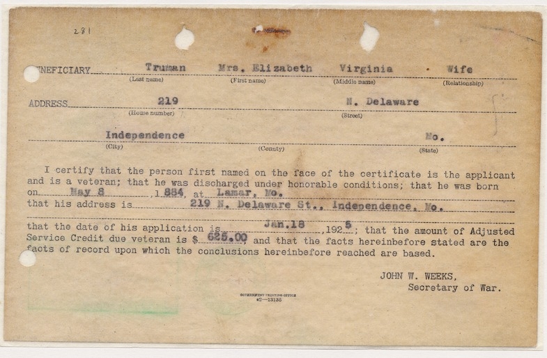 Application Card for Adjusted Service Credit for Captain Harry S. Truman