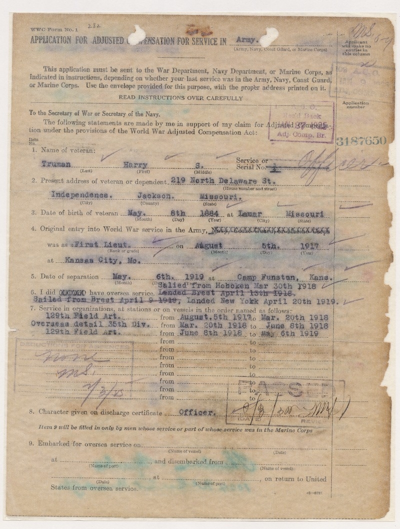 Application for Adjusted Compensation for Service in Army for Harry S. Truman