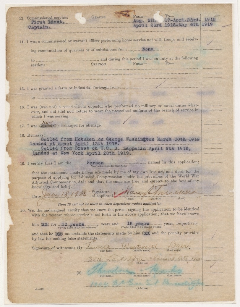 Application for Adjusted Compensation for Service in Army for Harry S. Truman