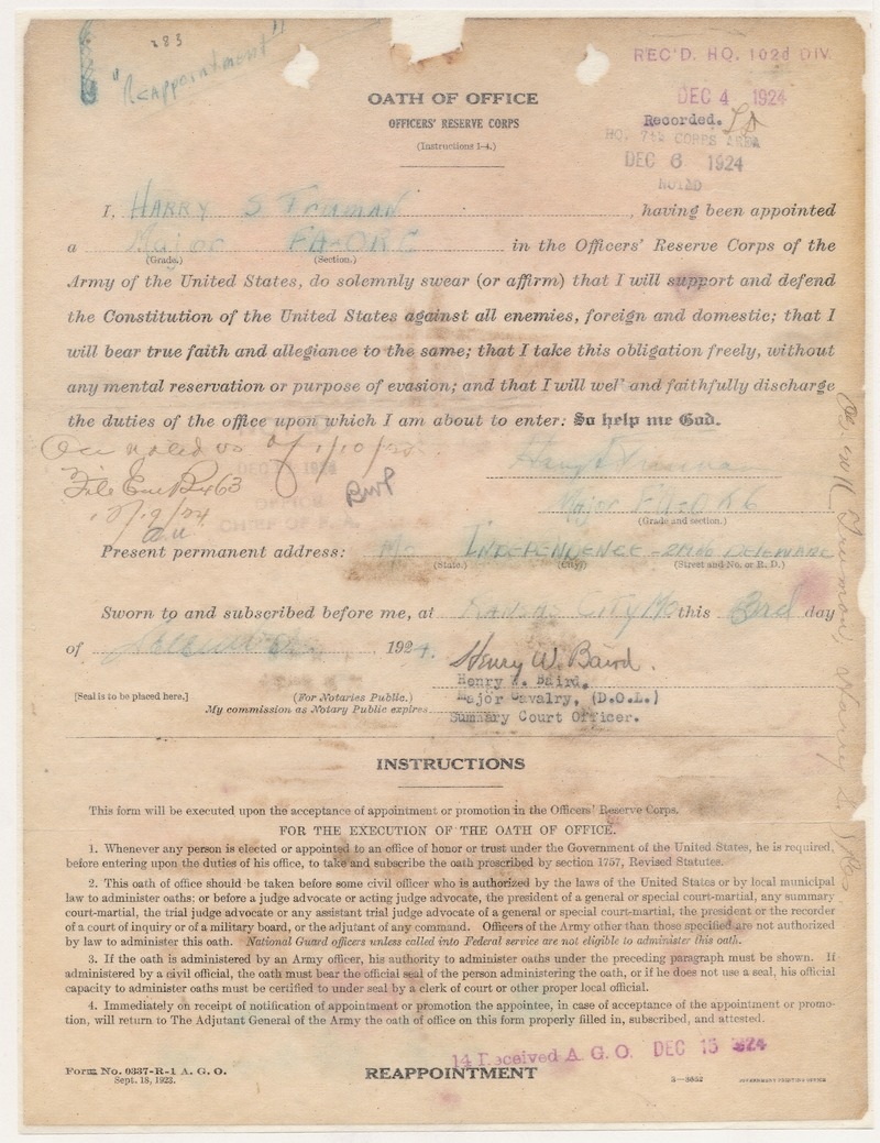 Oath of Office for Officers' Reserve Corps for Major Harry S. Truman