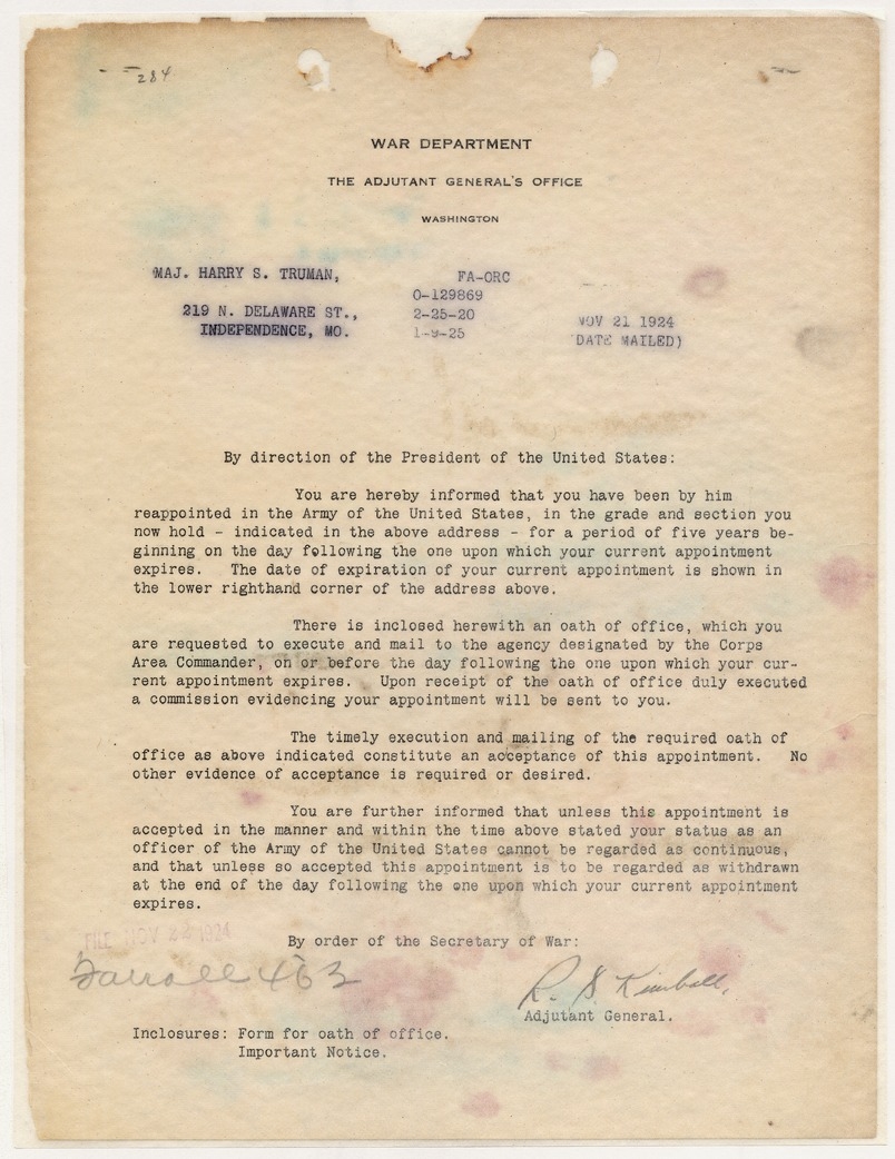 Memorandum from Adjutant General R. S. Kimball to Major Harry S. Truman
