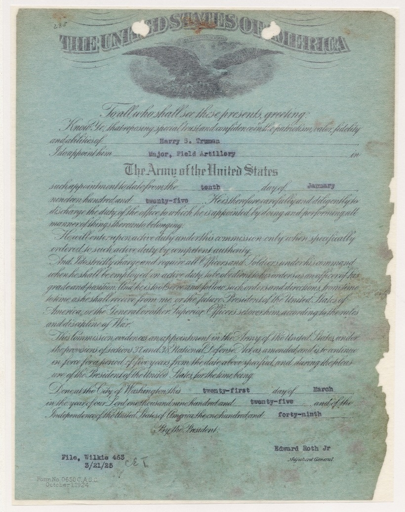 Certificate of Commission as Major, Field Artillery, in the Army of the United States for Harry S. Truman