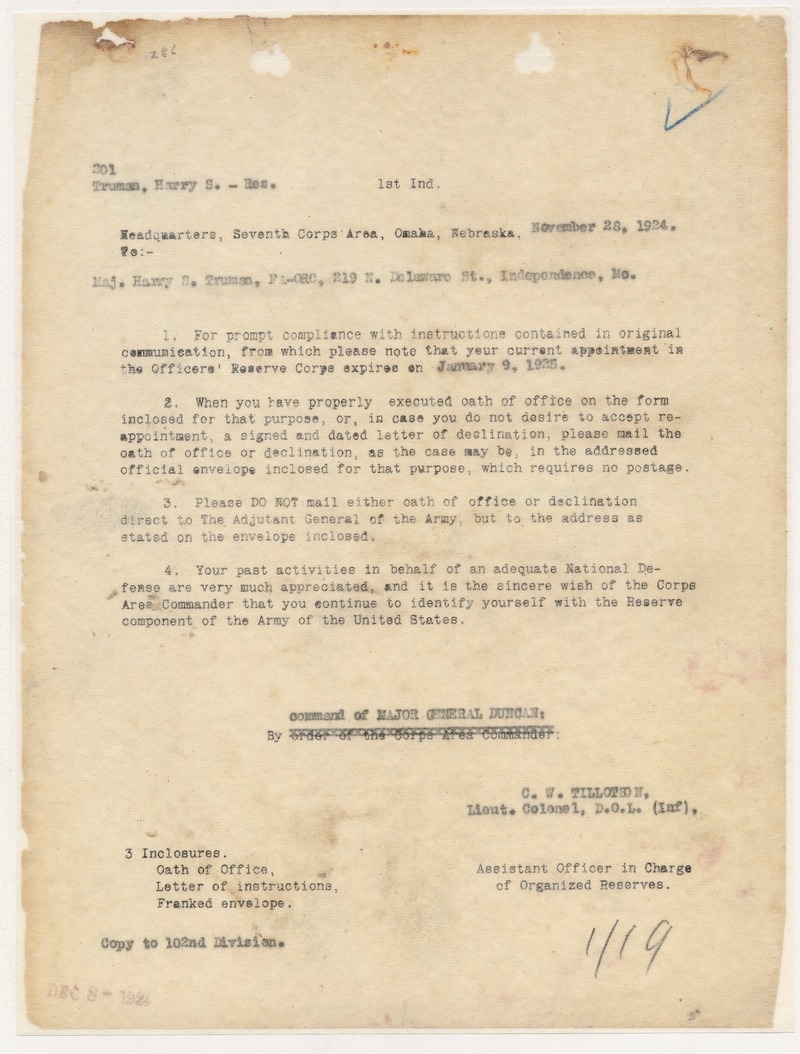 Memorandum from Lieutenant Colonel C. W. Tillotson to Major Harry S. Truman