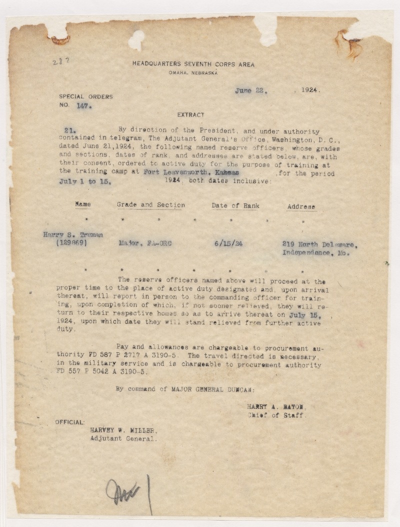 Special Orders No. 147, Call to Active Duty for Major Harry S. Truman