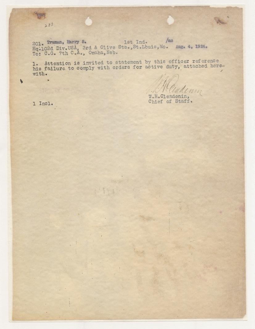 Memorandum from W. H. Clendenin to Commanding General, Seventh Corps Area