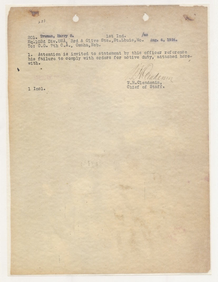 Memorandum from W. H. Clendenin to Commanding General, Seventh Corps Area