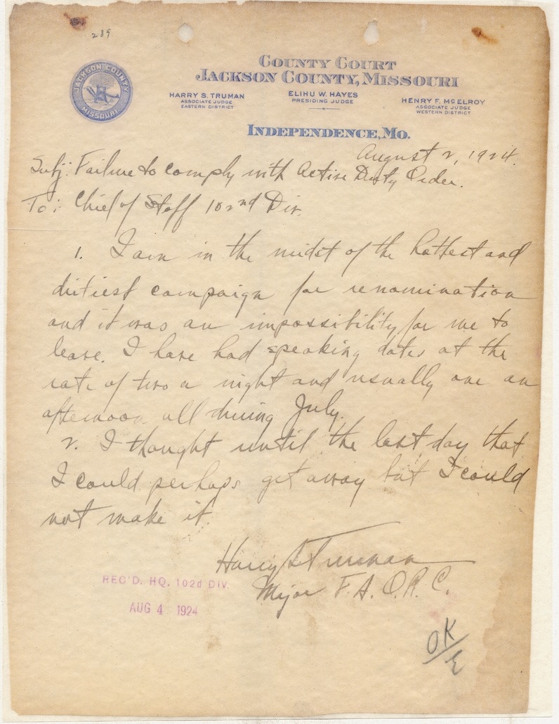 Handwritten Statement from Major Harry S. Truman to the Chief of Staff, One Hundred and Second Division