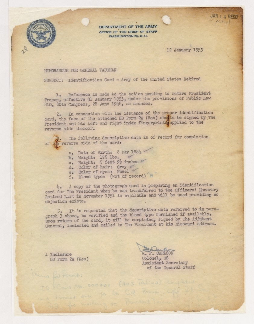 Memorandum from Colonel R. P. Carlson to Brigadier General Harry Vaughan