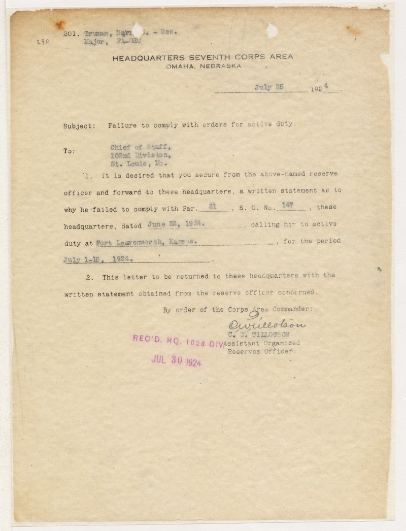 Memorandum from C. W. Tillotson to Chief of Staff, One Hundred and Second Division