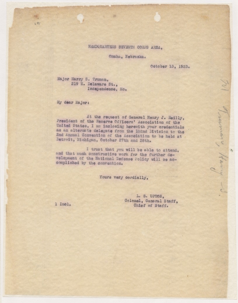 Letter from Colonel L. S. Upton to Major Harry S. Truman