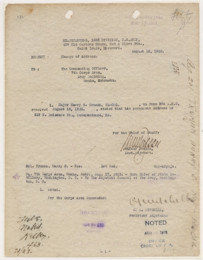 Memorandum from Assistant Adjutant Walter Jessee to Commanding Officer, Seventh Corps Area