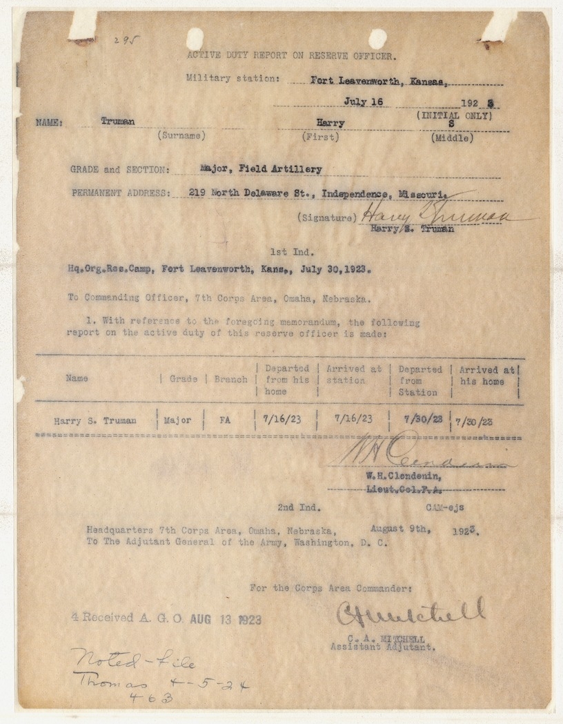 Active Duty Report on Reserve Officer for Major Harry S. Truman