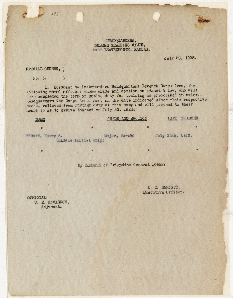 Special Orders, No. 3, Release from Active Duty for Major Harry S. Turman