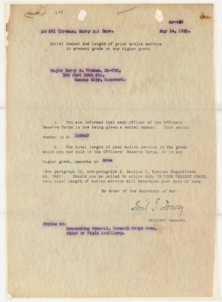 Memorandum from Adjutant General Samuel G. Jones to Major Harry S. Truman