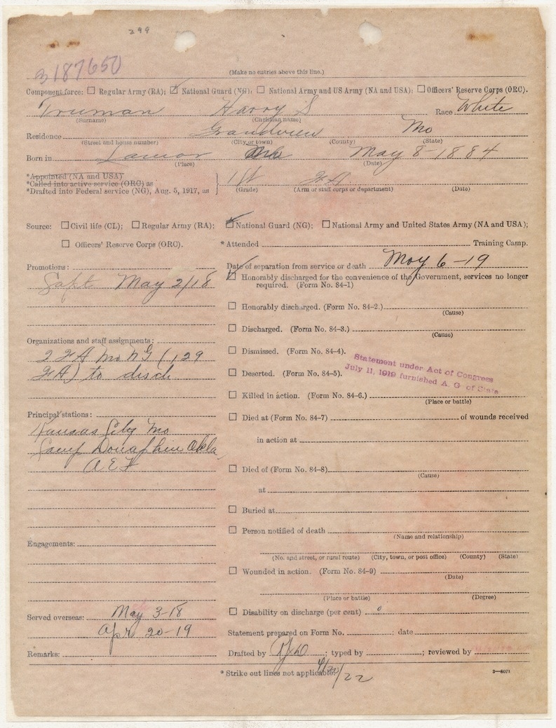 Discharge Statement for Captain Harry S. Truman