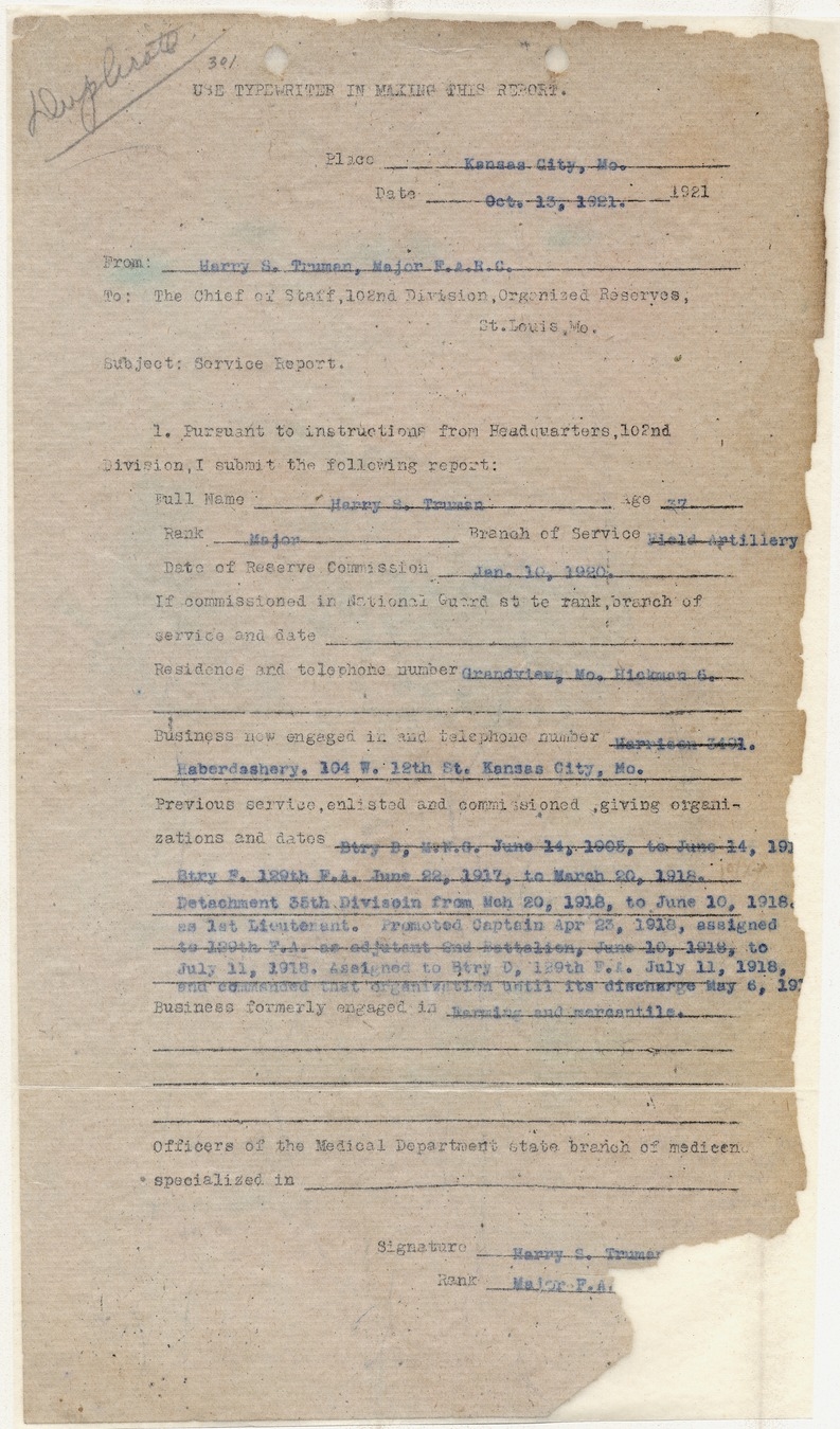 Service Report for Major Harry S. Truman