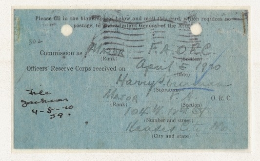 Postcard for Reporting Current Address to War Department for Harry S. Truman