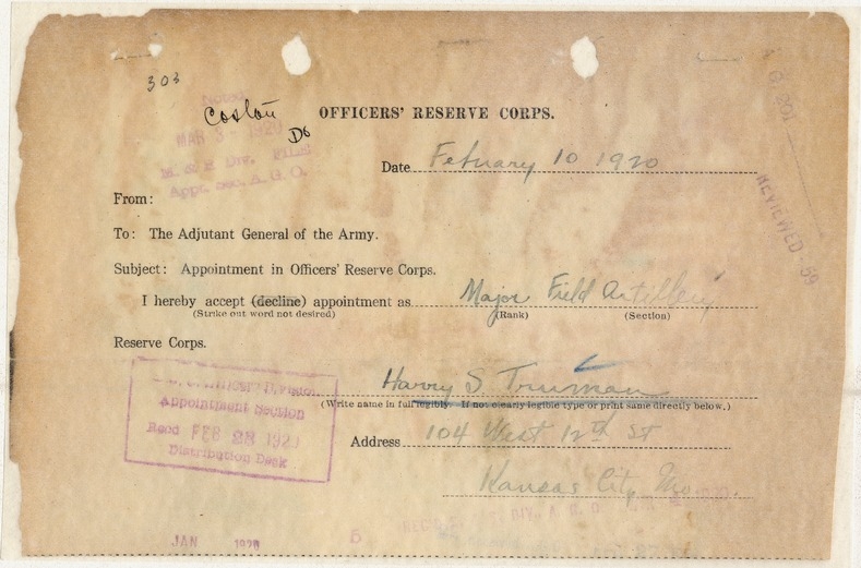 Appointment to Officers' Reserve Corps for Major Harry S. Truman
