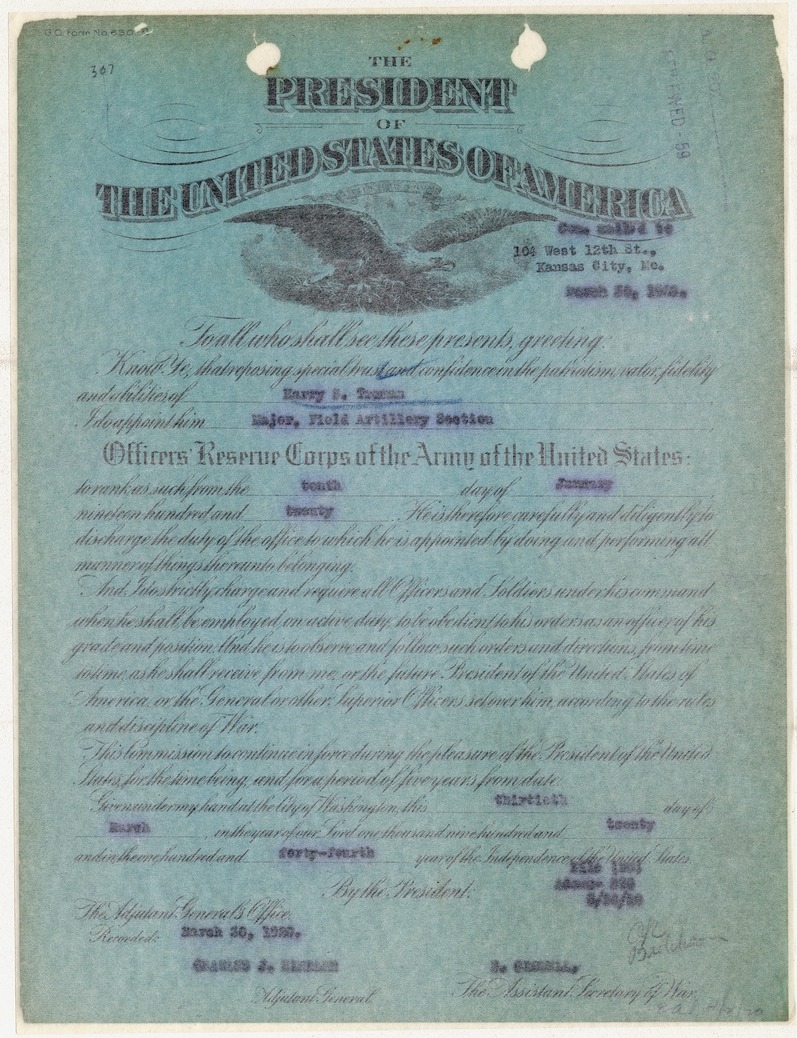 Certificate for Officers' Reserve Corps of the Army of the United States for Major Harry S. Truman