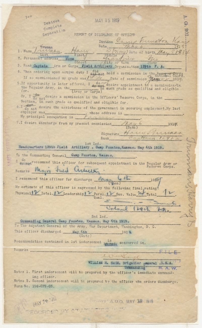 Report of Discharge of Officer for Captain Harry S. Truman