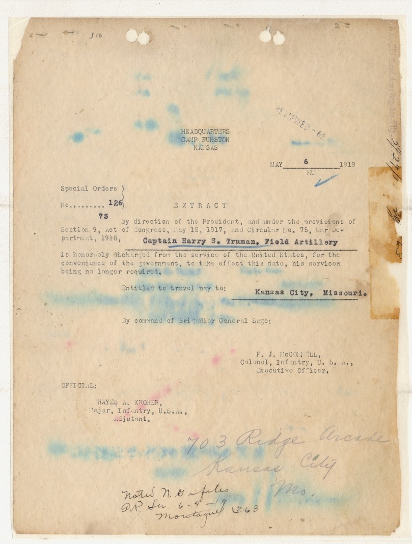 Special Orders No. 126, Honorable Discharge for Captain Harry S. Truman