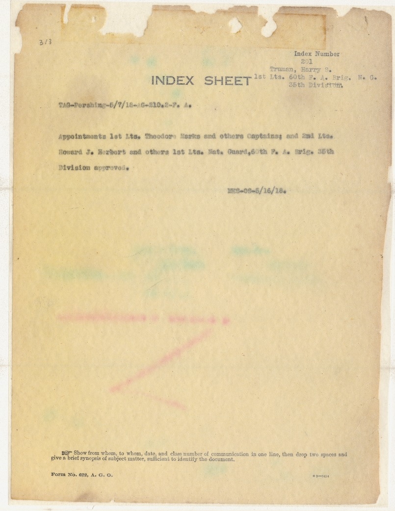 Index Sheet for Officer Appointments in 60th Field Artillery Grigade